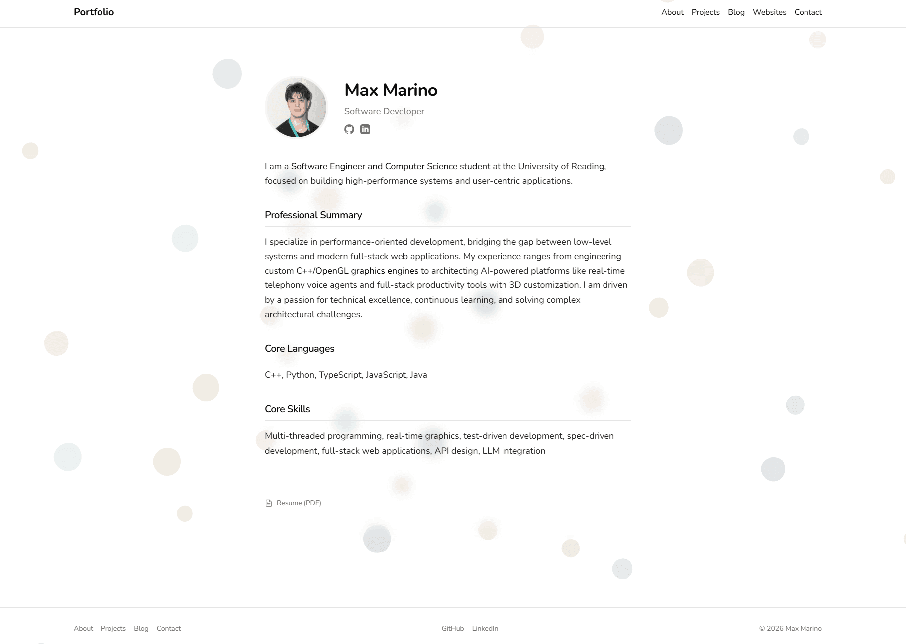 Portfolio website snapshot from February 14, 2026